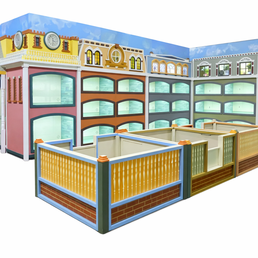 Modular adoption kennel system designed for humane display of adoptable pets in rescue facilities and veterinary clinics.  Township front facades added for an inviting adoption space.