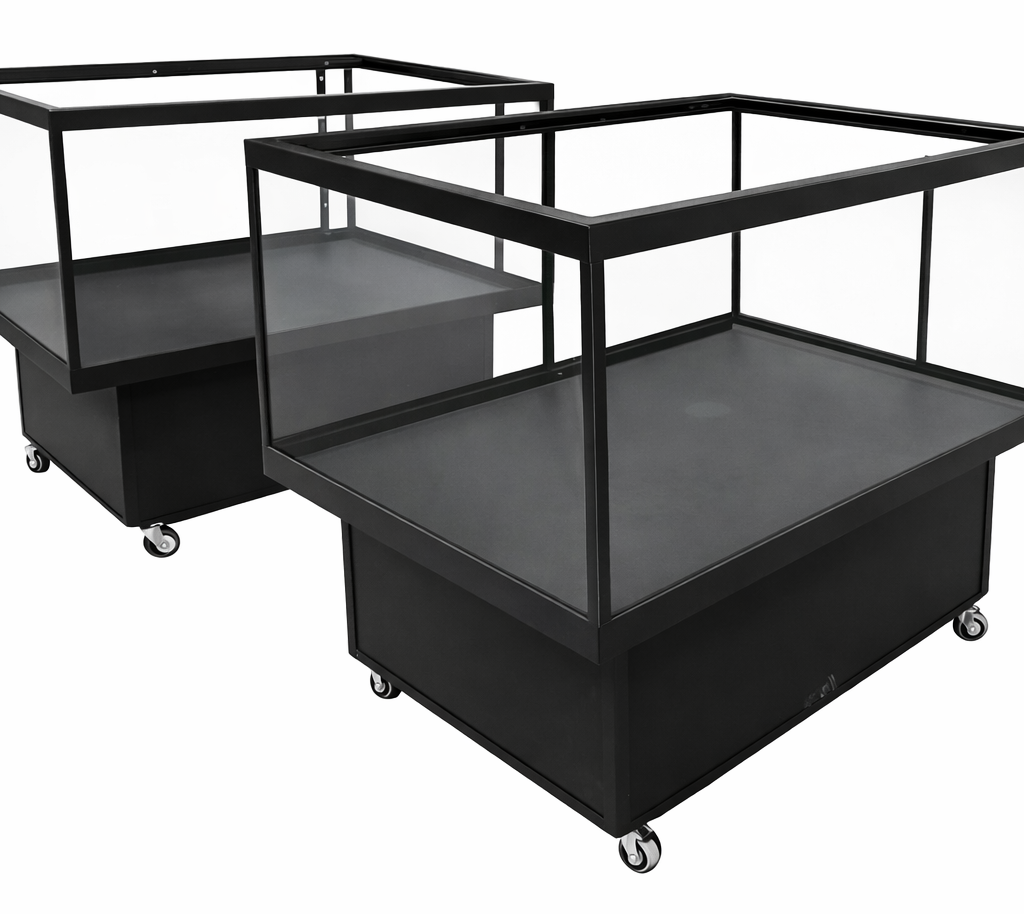 Rolling, lockable petter display with glass enclosure for puppies, small mammals, turtles, or birds