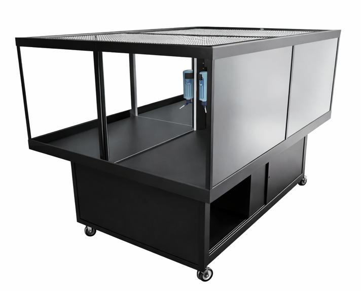 Mobile, lockable glass petter enclosure for puppies, small mammals, turtles, and birds