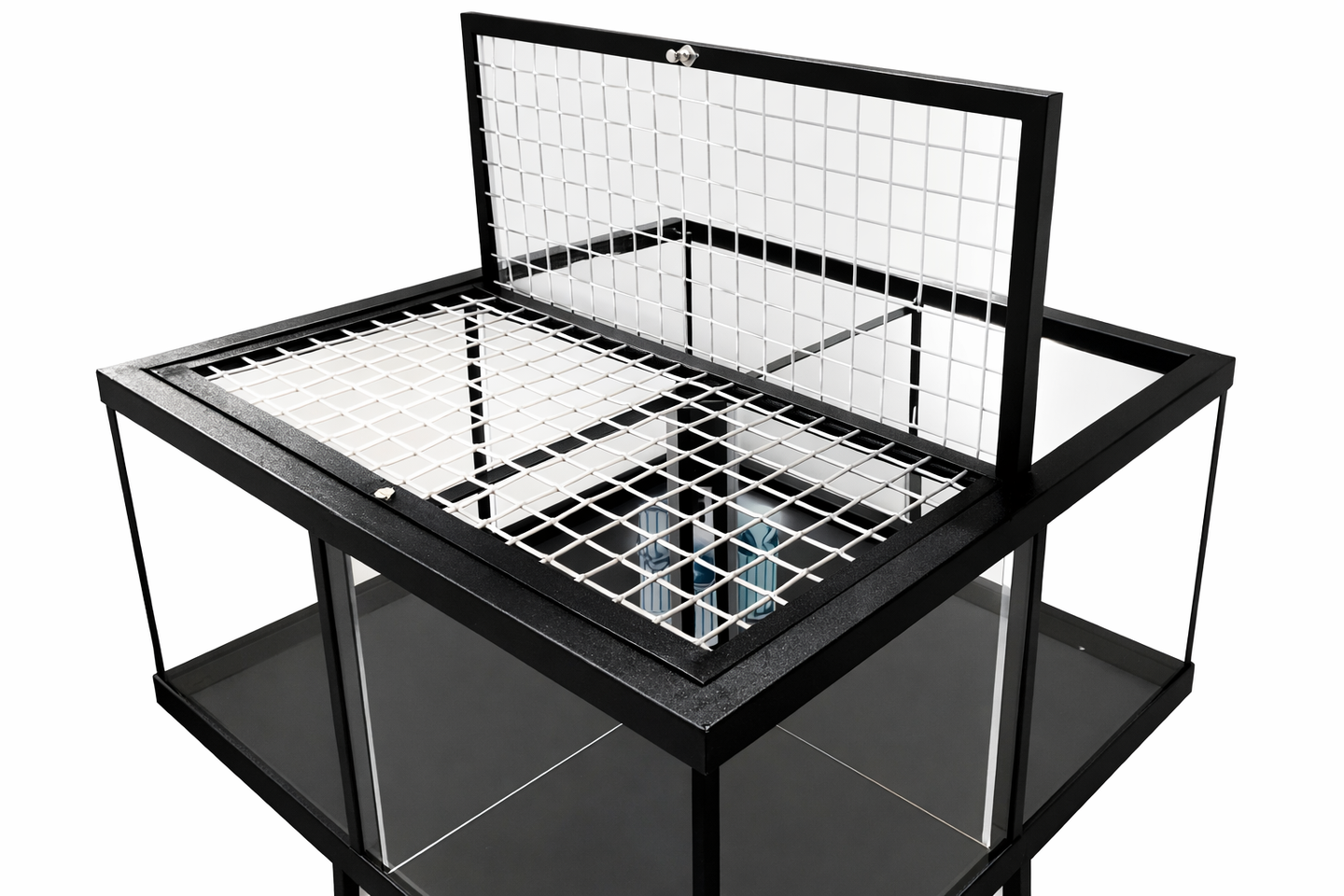 Rolling, lockable petter display with glass enclosure for puppies, small mammals, turtles, or birds