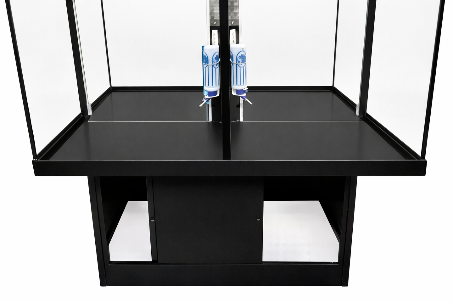 Rolling, lockable petter display with glass enclosure for puppies, small mammals, turtles, or birds