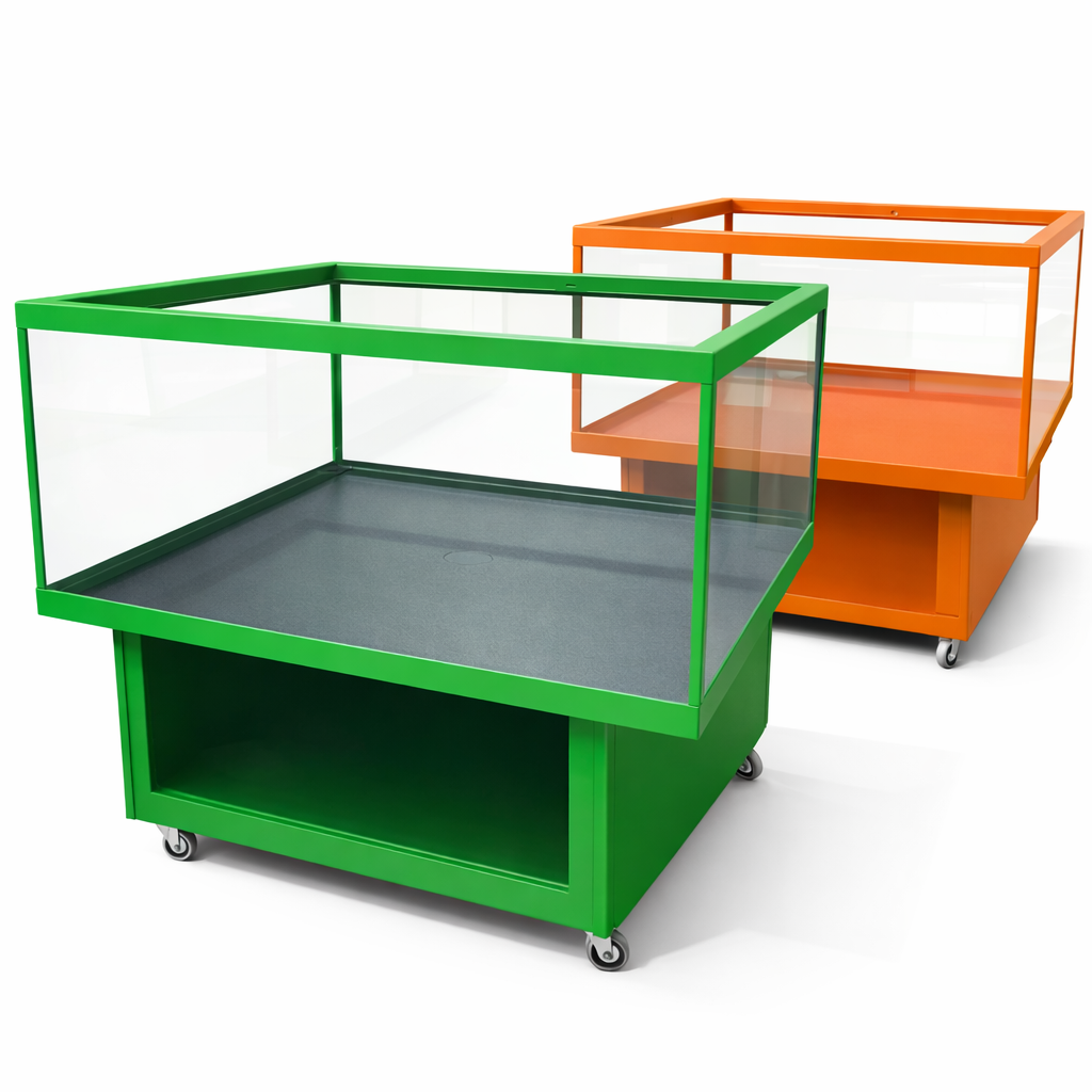 Rolling, lockable petter display with glass enclosure for puppies, small mammals, turtles, or birds.  Colorful colors.