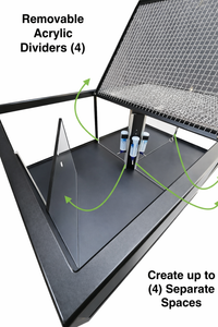 Rolling, lockable petter display with glass enclosure for puppies, small mammals, turtles, or birds