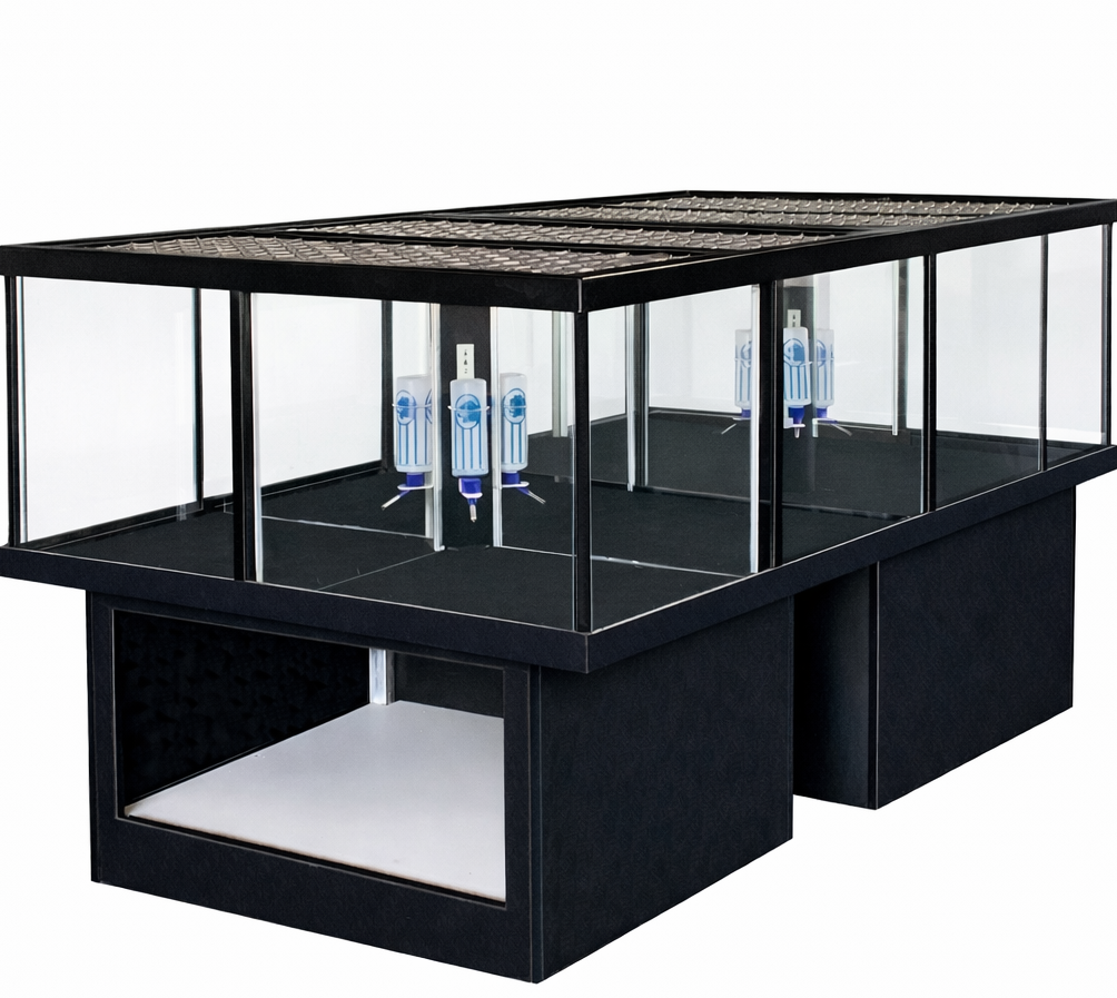 Rolling, lockable petter display with glass enclosure for puppies, small mammals, turtles, or birds