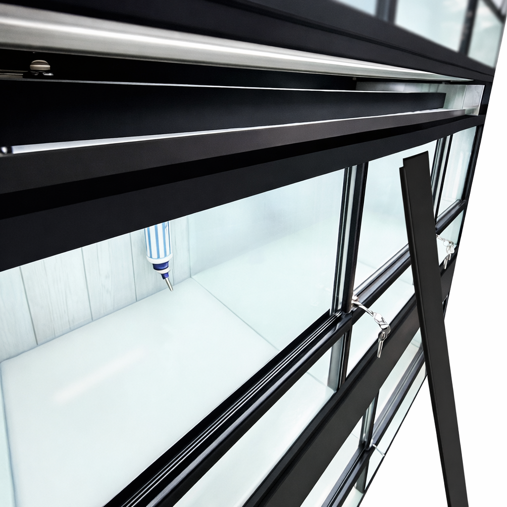 Cage view of Small Animal or Critter Retail Rack Showing removable light access cover, LED lighting is visible between the tiers
