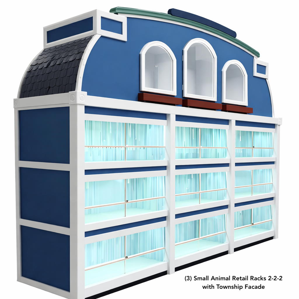 Small Animal Commercial Retail Racks with Township Facade, made to look like little homes.