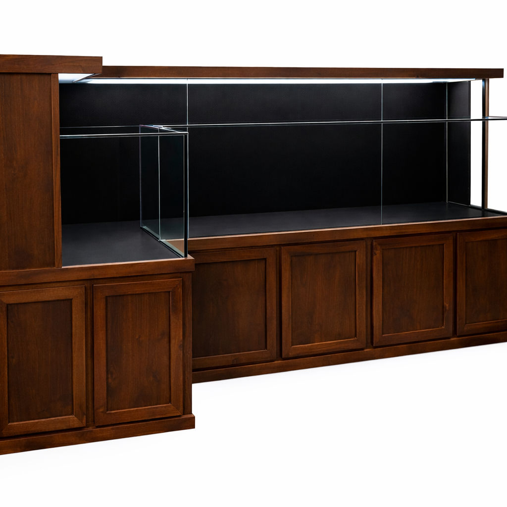 Large custom turtle tank with clean cabinetry, aquatic tank, for a  naturalistic terrestrial environment.