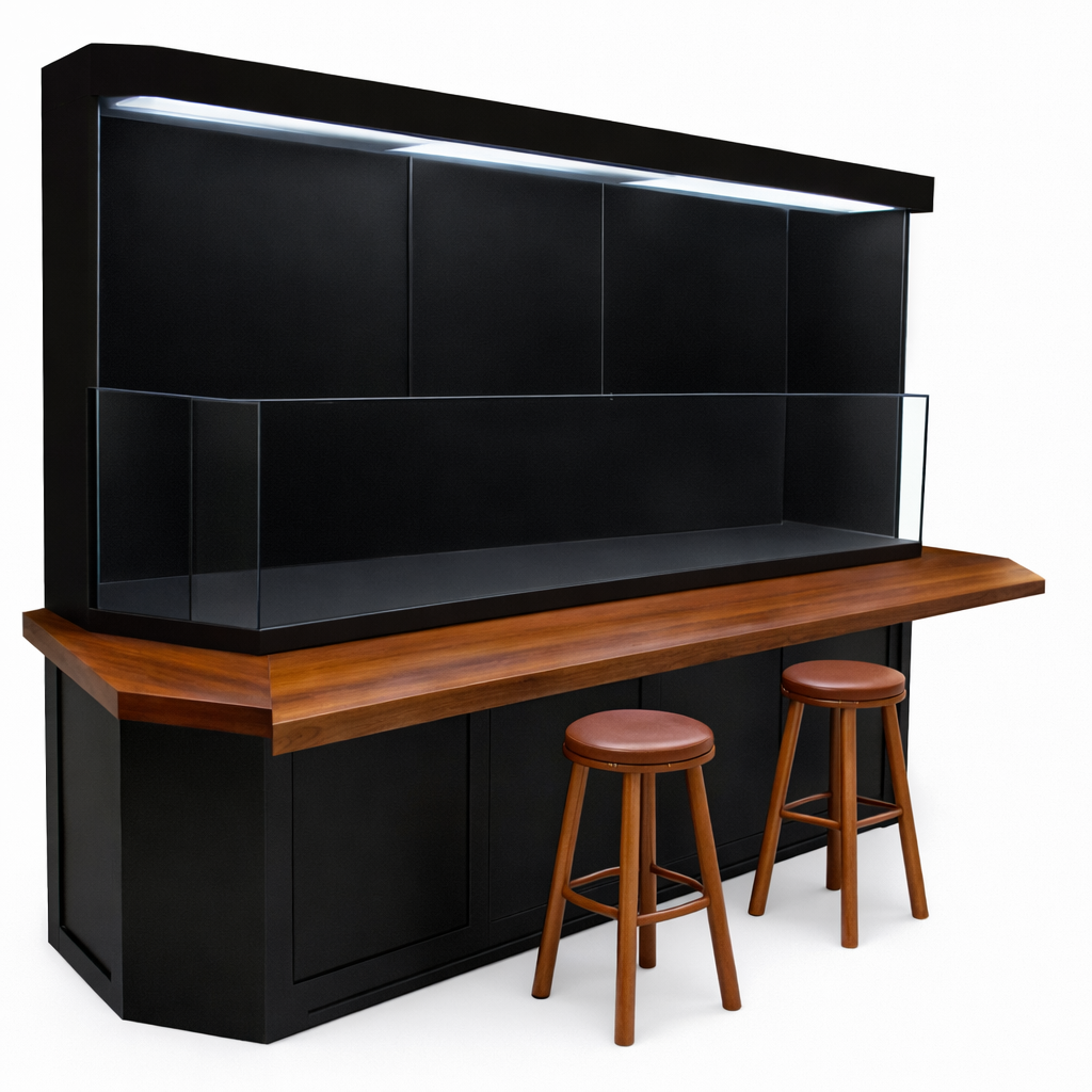 Professionally custom built turtle aquarium or paludarium designed for homes, schools, and public nature displays.  Bar built onto aquarium for a coffee bar setting.