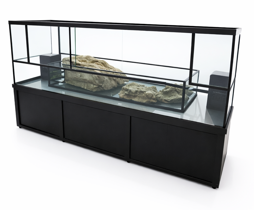 Custom turtle tank with clear glass tank, concealed filtration system, middle tank for basking turtles