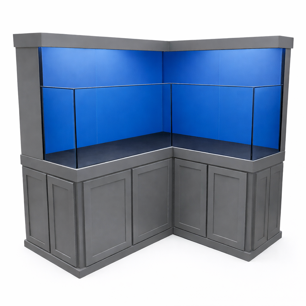 Large custom turtle tank with clean cabinetry, aquatic tank, gray stand and canopy blue background and integrated filtration