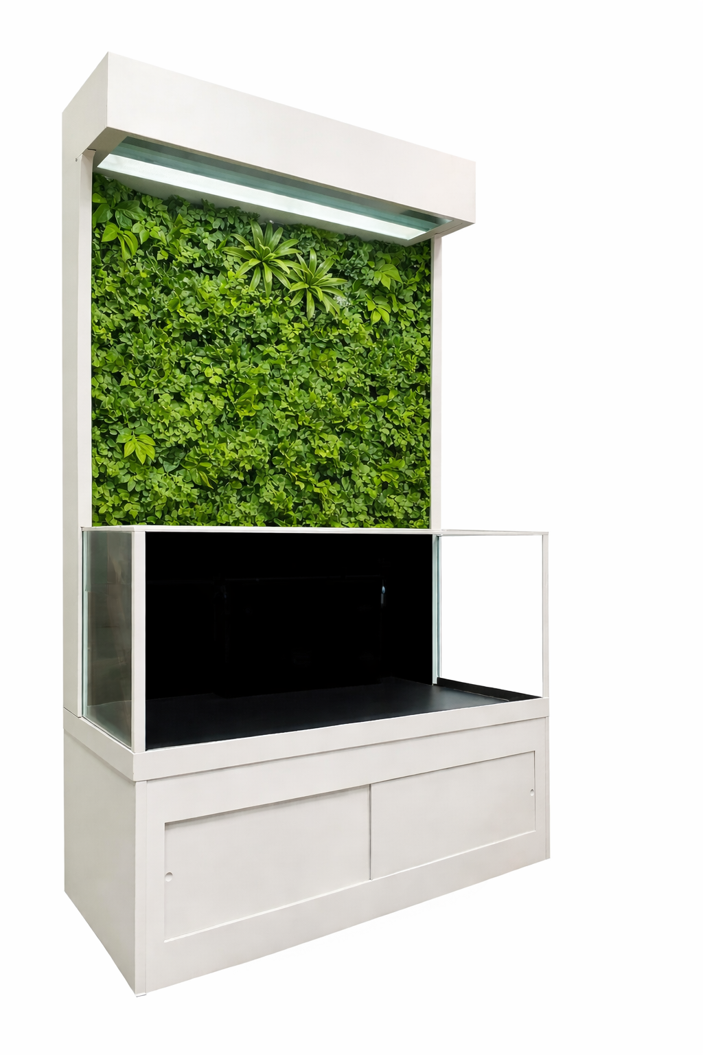 Custom turtle paludarium with integrated filtration, glass aquarium base, and vertical planted habitat, designed for modern home environments.
