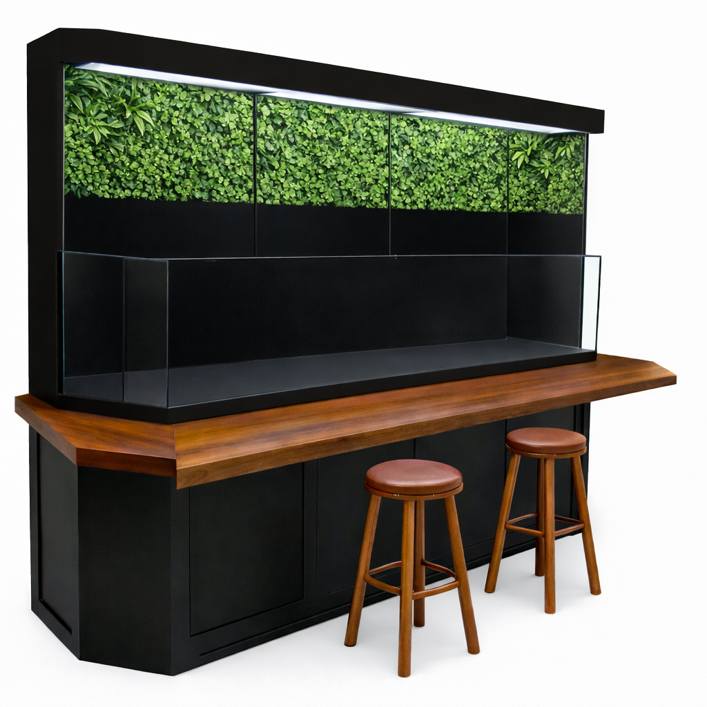 Professionally custom built turtle aquarium or paludarium with bar and bar stools plus a fax green wall designed for homes, schools, and public nature displays.