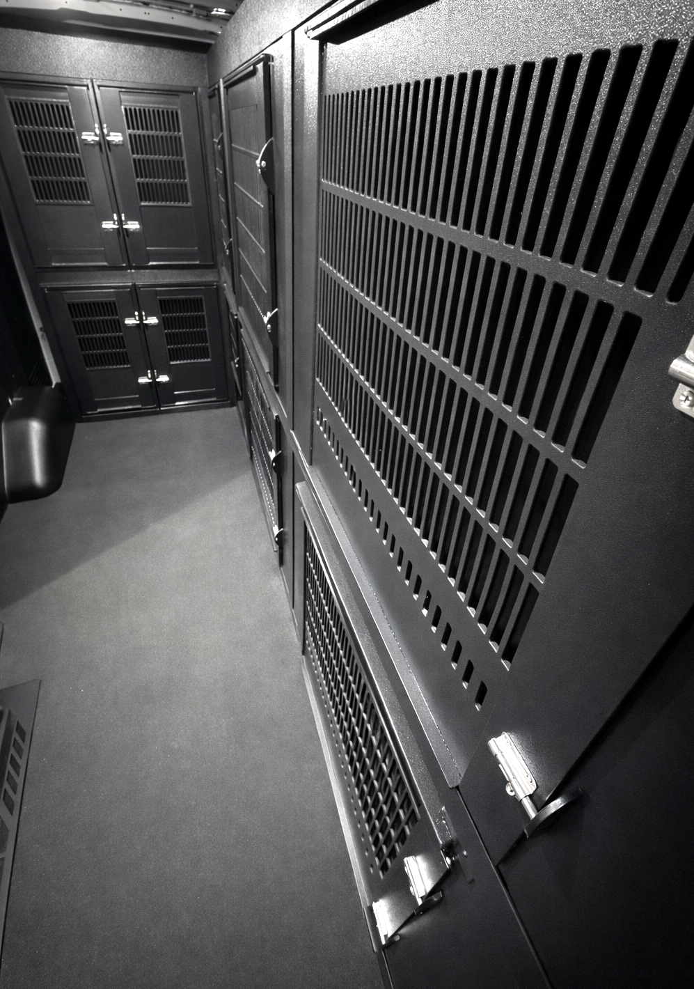 Custom animal transport van kennel system installed for pet taxi use