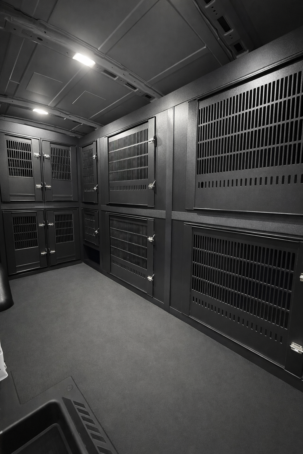 Custom animal transport van kennel system installed for pet taxi use