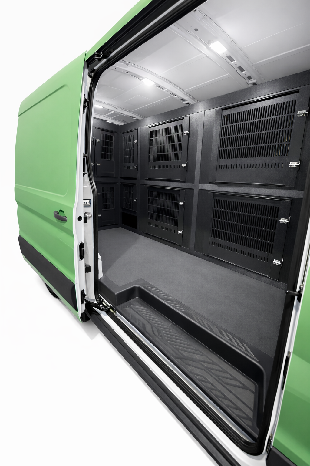 Custom animal transport van kennel system installed for pet taxi use