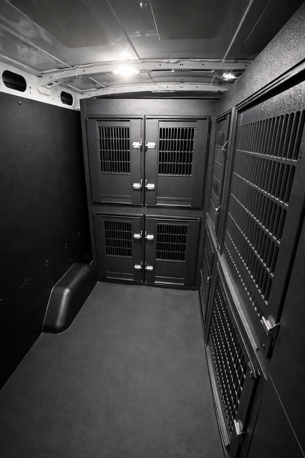 Custom animal transport van kennel system installed for pet taxi use