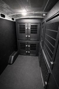 Custom animal transport van kennel system installed for pet taxi use