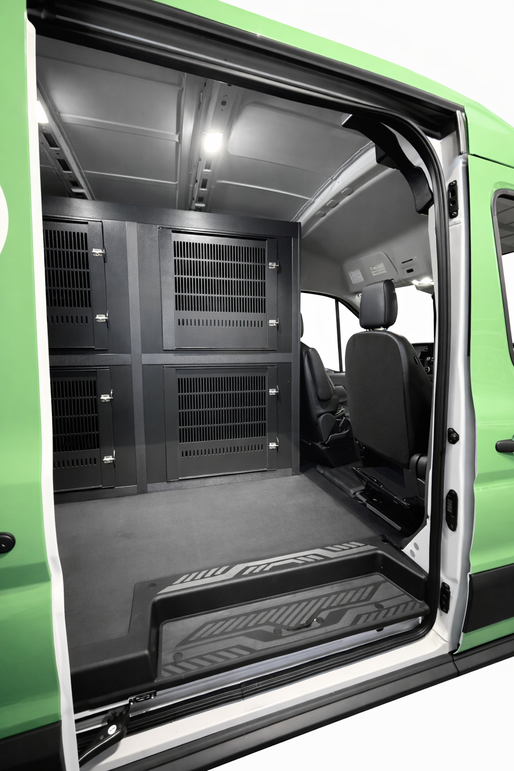 Custom animal transport van kennel system installed for pet taxi use