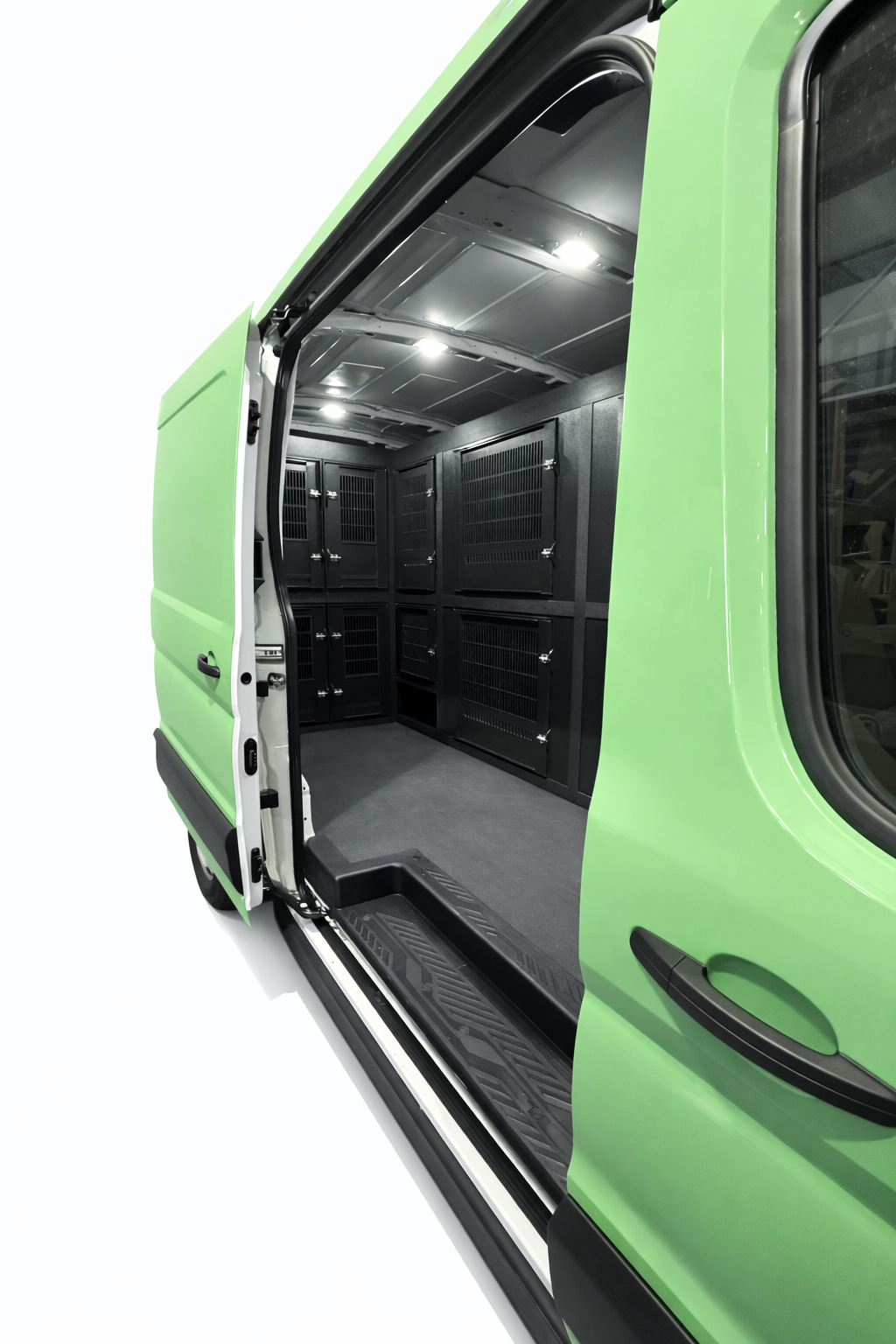 Custom animal transport van kennel system installed for pet taxi use