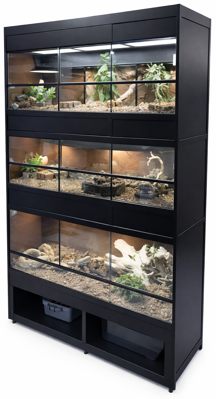Professional reptile rack with stacked enclosures for breeders and hobbyists