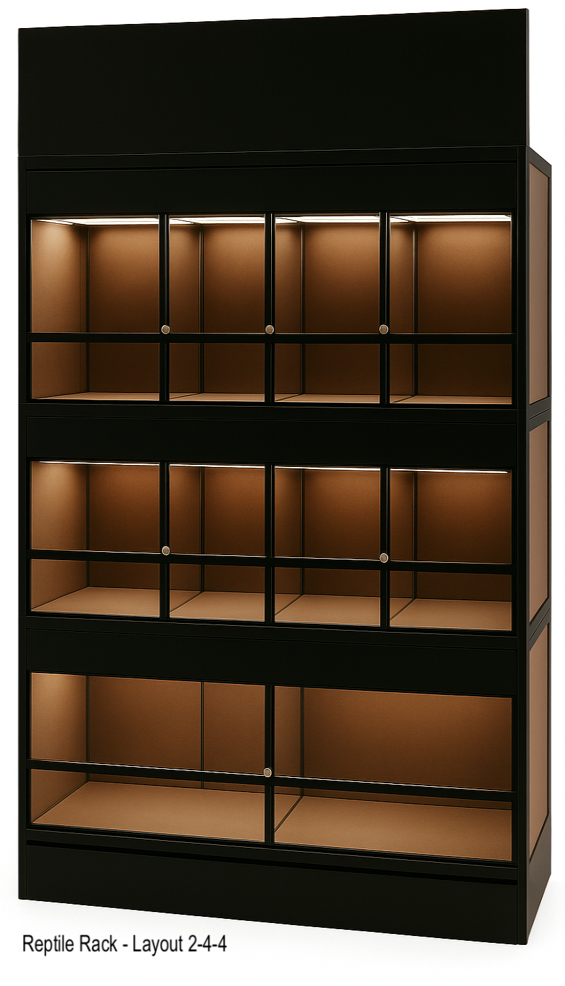 Stackable reptile rack with clear front enclosures for easy animal viewing