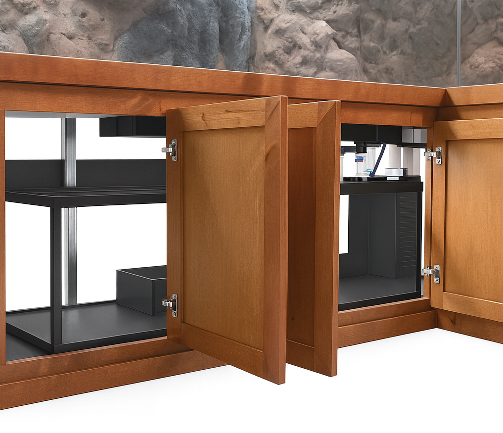 Wooden cabinets with open doors revealing a turtle filter sump